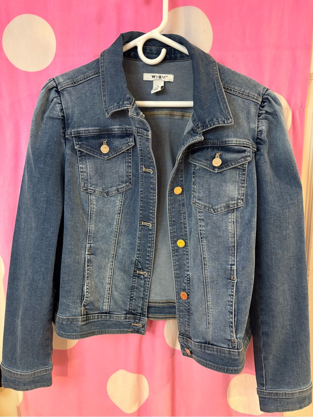White House Black Market Medium Blue Denim Jacket with Subtle Puff Shoulders
